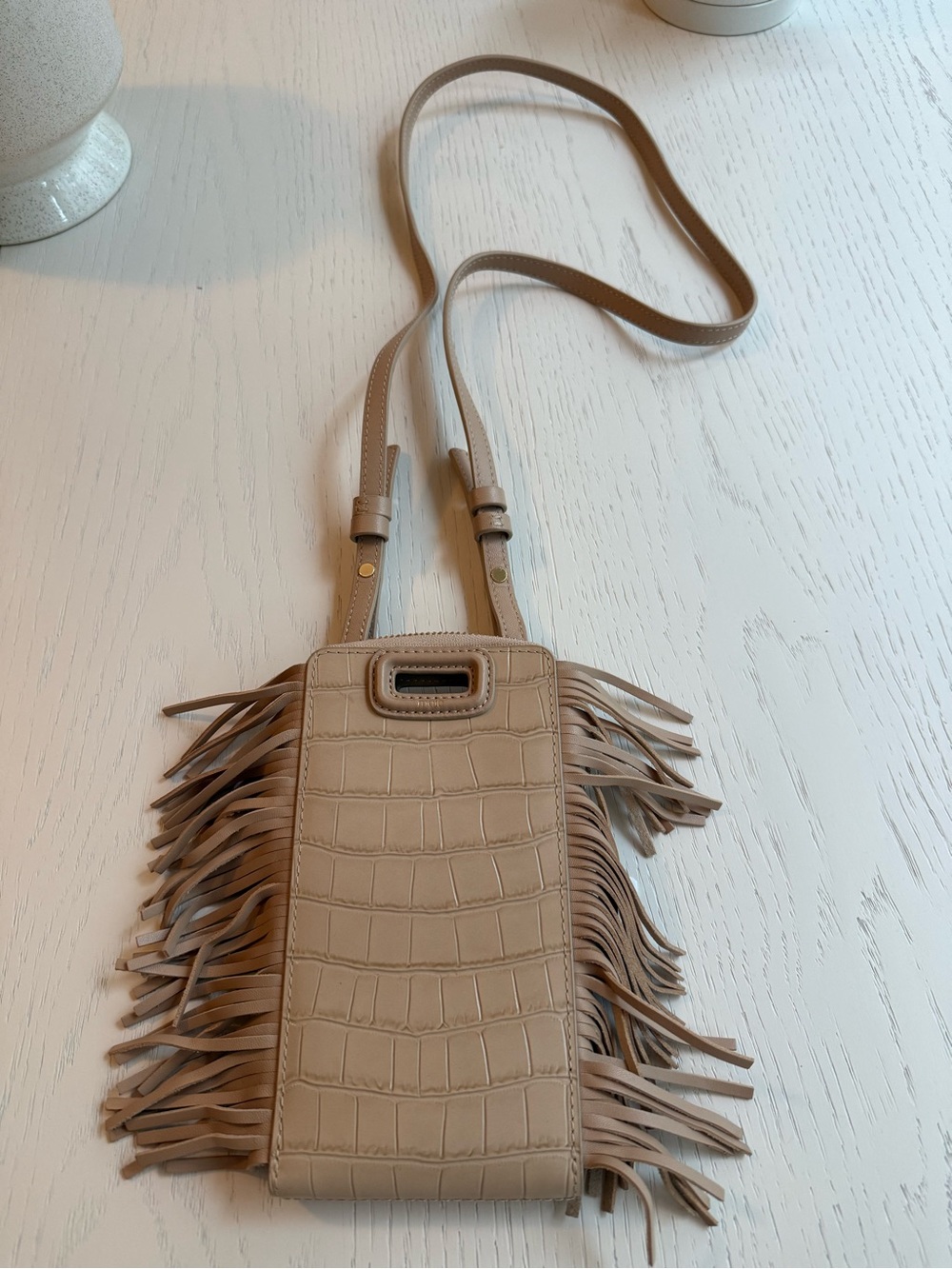 Maje Croc-Embossed Fringe Crossbody Bag - Beige